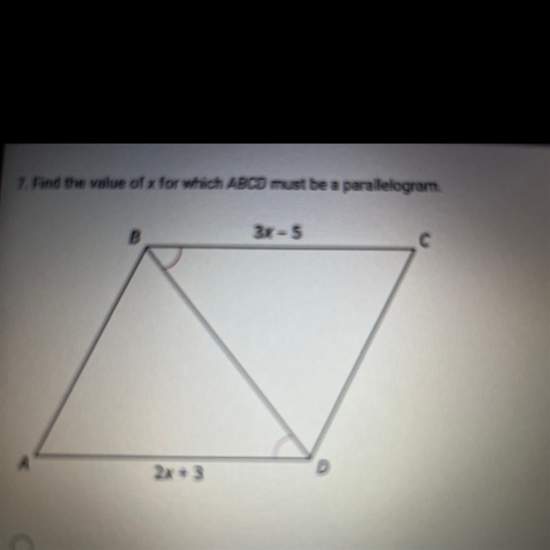 Find the value of x for which ABCD must be a parallelogram.-example-1