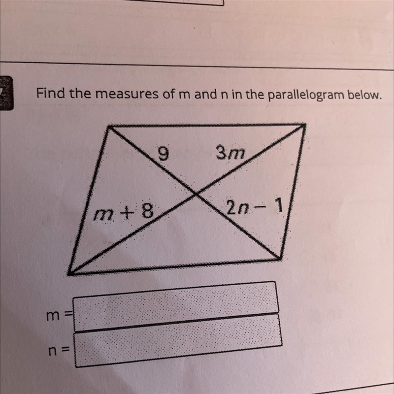 Find the measures of m and n in the parallelogram below.-example-1