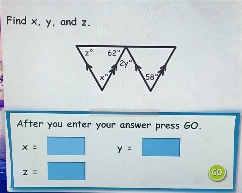 Find x, y, and z. Help me please :)​-example-1