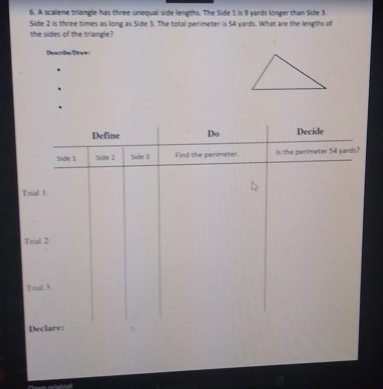 a scalene triangle has three unequal side lengths the side 1 is 9 yards longer than-example-1