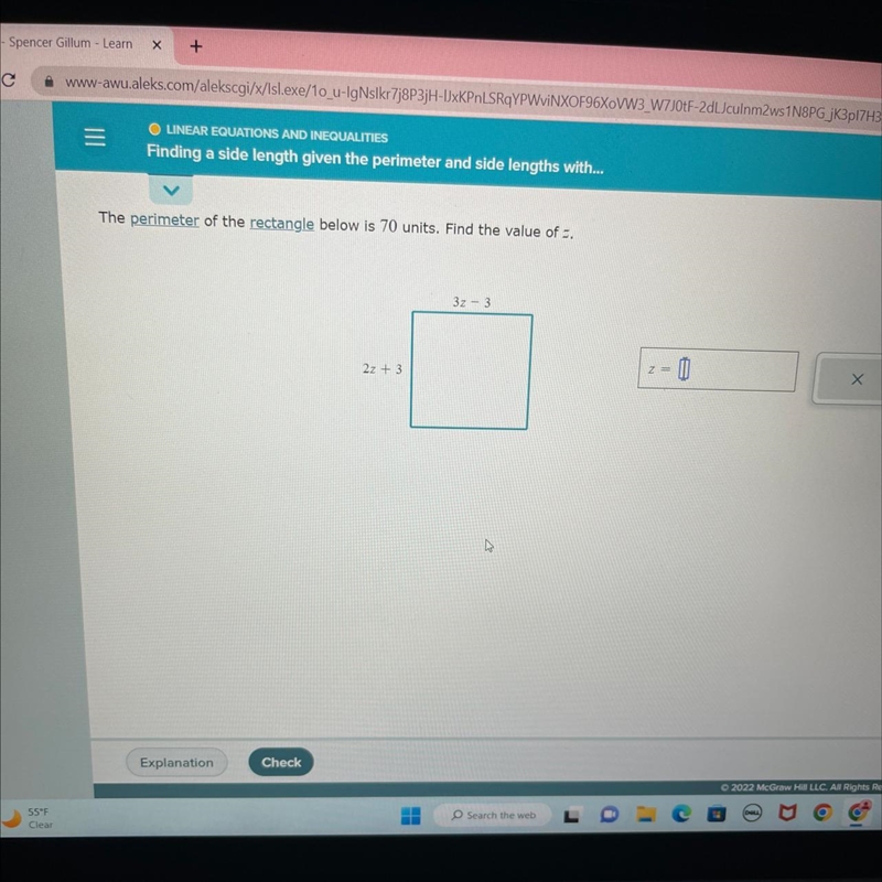 The perimeter of the rectangle below is 70 units. Find the value of z-example-1