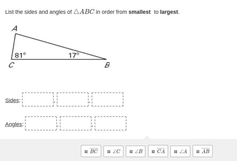 List the sides and angles of △ABC in order from smallest to largest. REFER TO ATTACHMENT-example-1