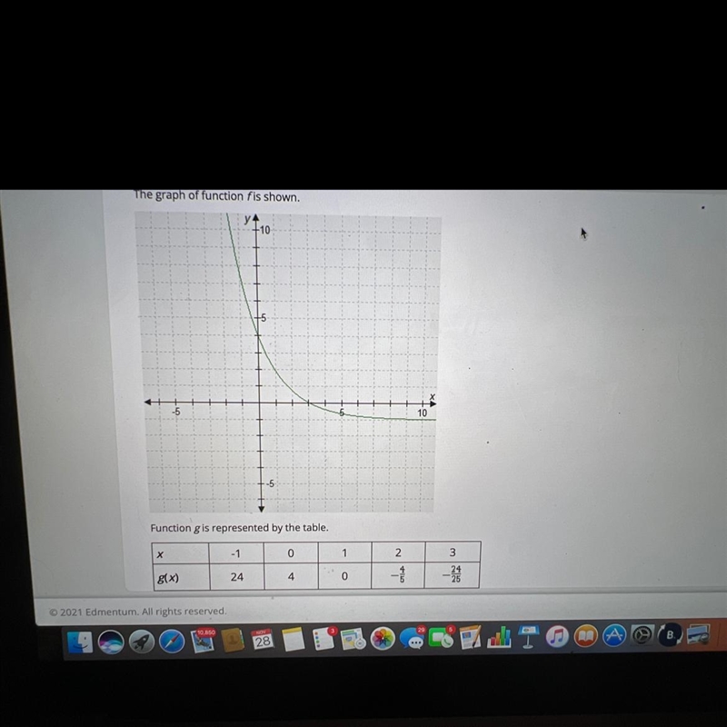 Function g is represented by the table.Which statement correctly compares the two-example-1