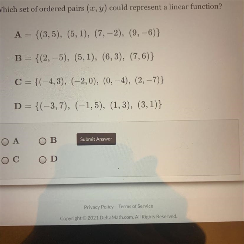 Which set of pairs represents a linear equation!(please help i don’t understand this-example-1