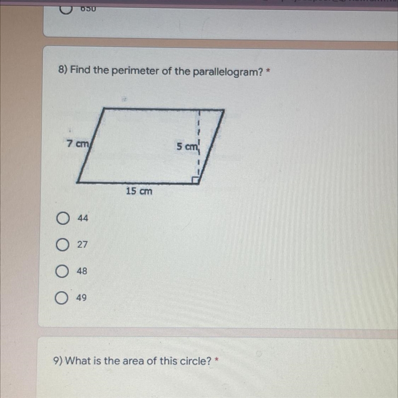 8) Find the perimeter of the parallelogram? *7 points17 cm5 cm15 cm44274849-example-1