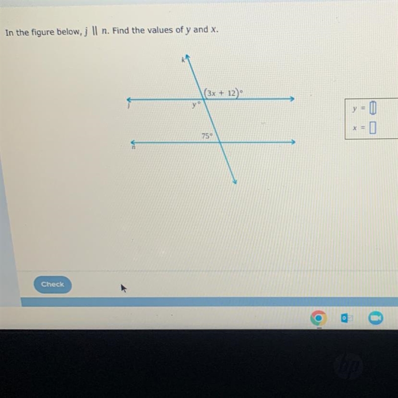 In the figure below, j Il n. Find the values of y and x.-example-1