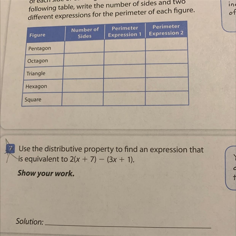 Use the distributive property to find an expression that is equivalent to 2(x + 7) - (3x-example-1