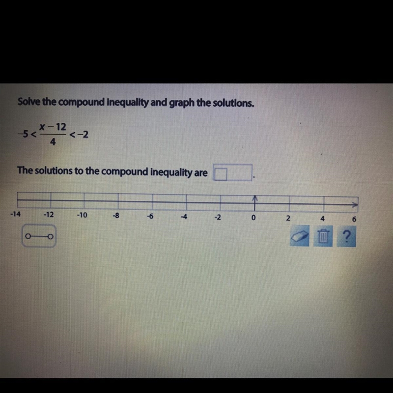 Solve the compound inequality and graph the solutions.-5<<*>12<-X - 12&lt-example-1