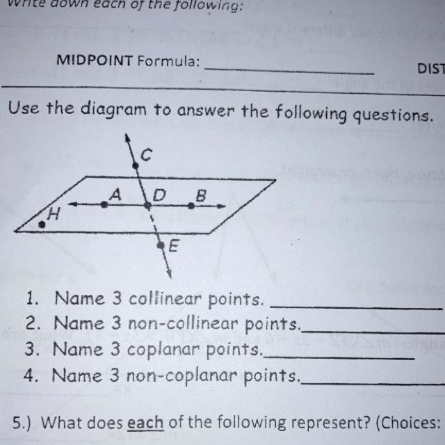 Use the diagram to answer the following questions. 1.Name 3 collinear points. 2. Name-example-1