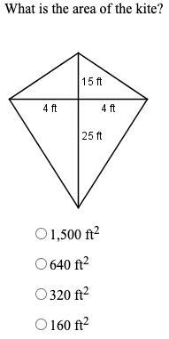 What is the area of the kite? A. 1,500 ft^2 B. 640 ft^2 C. 320 ft^2 D. 160 ft^2 thank-example-1