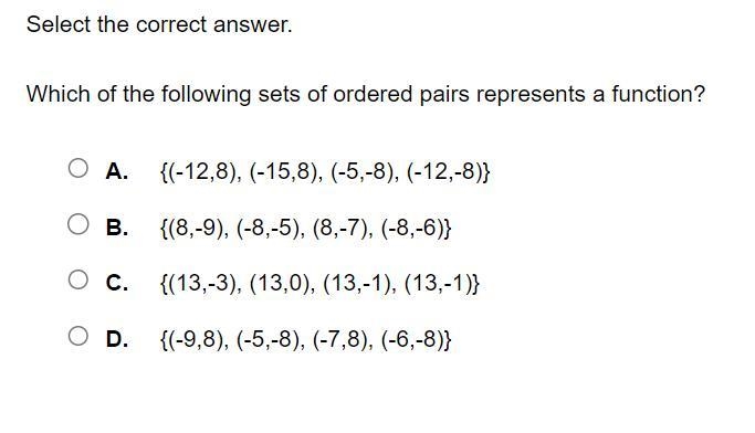 Which of the following sets of ordered pairs represents a function?-example-1