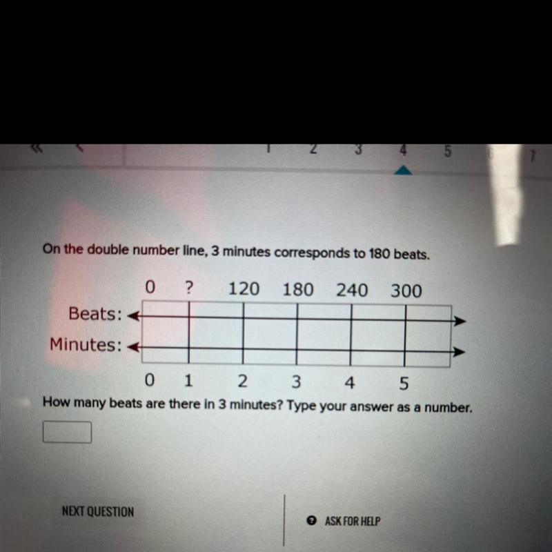 On the double number line, 3 minutes corresponds to 180 beats. 0 ? 120 180 240 300 Beats-example-1