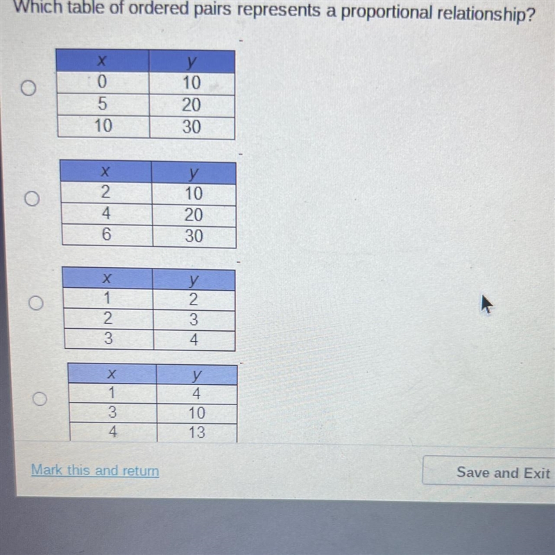 Which table of ordered pairs represents a proportional relationship? X 0 5 10 X246 123 2 3 134 3 4 10 20 30 10 20 30 234 4 10 13-example-1