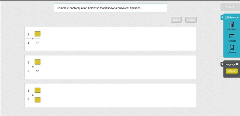 Complete each equation below so that it shows equivalent fractions.-example-1