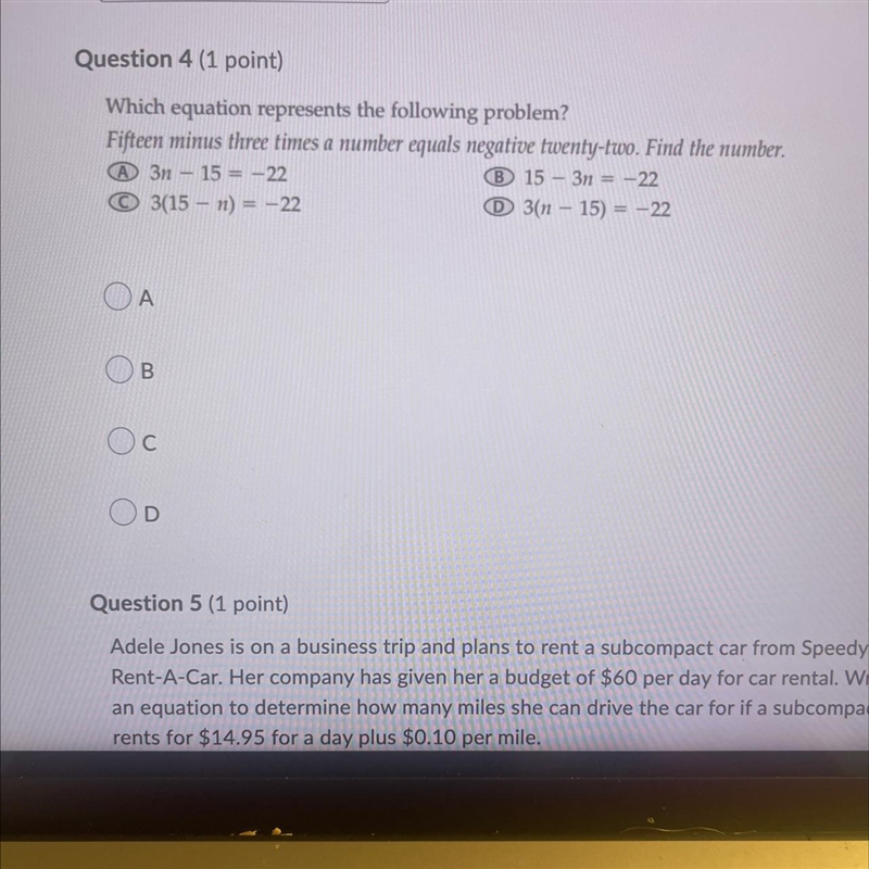 Which equation represents the following problem? Fifteen minus three times a number-example-1