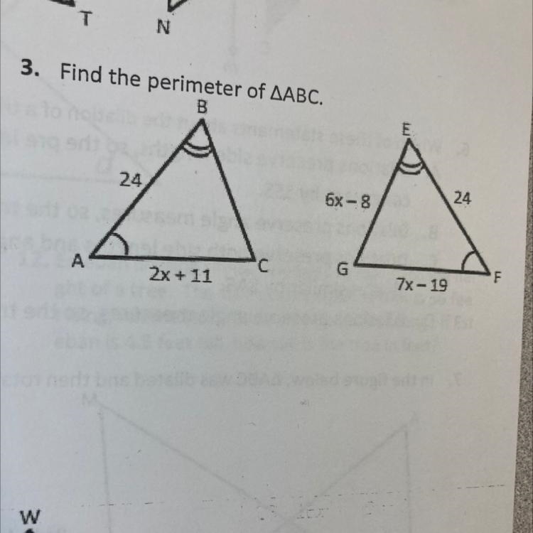 T N 3. Find the perimeter of AABC. B 24 6%-8 24 A 'C 2x + 11 G 71 7x - 19 F-example-1