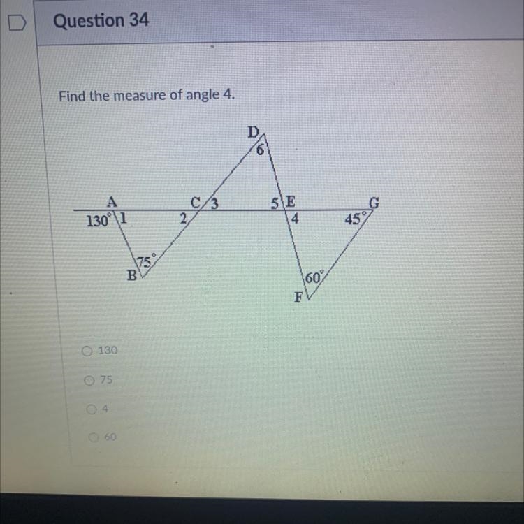 Find the measure of angle 4. O 130 O 75 O 4 O 69-example-1