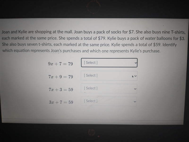 Joan and Kylie are shopping at the mall. Joan buys a pack of socks for $7. She also-example-1