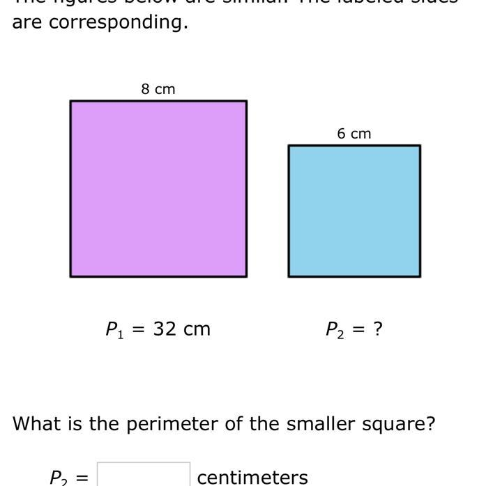 The figures below are similar. The labeled sides are corresponding. 8 cm 6 cm P1 = 32 cm-example-1