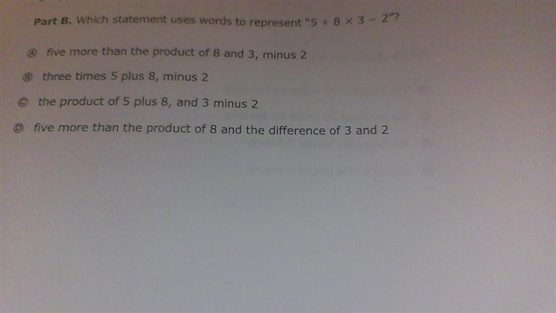 Which statement uses words to represent 5+8×3-2-example-1