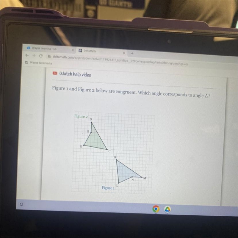 Figure 1 and Figure 2 below are congruent. Which angle corresponds to angle L?-example-1