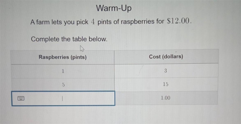 Warm-Up A farm lets you pick 4 pints of raspberries for $12.00. Complete the table-example-1