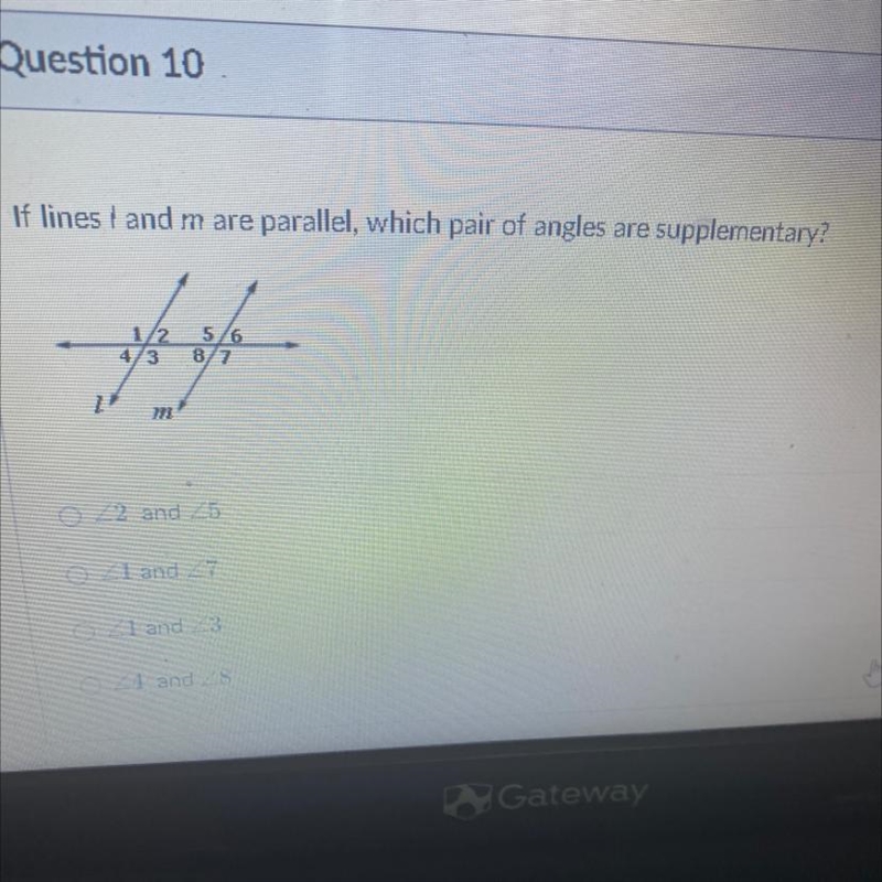 If l and m are parallel,which pair of angles are supplementary?-example-1