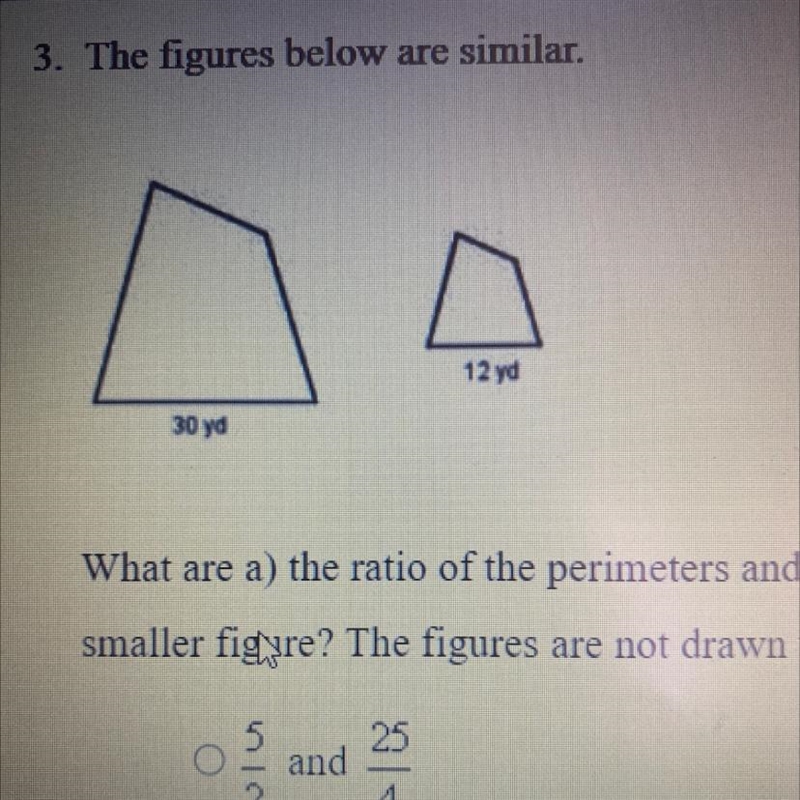 What are a) the ratio of the perimeters and b) the ratio of the areas of the larger-example-1