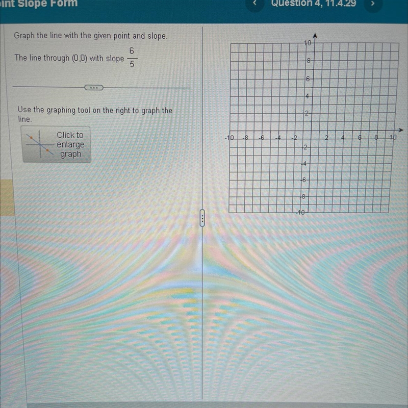 Graph the line with the given point and slope. the line through (0,0) with slope 6/5-example-1