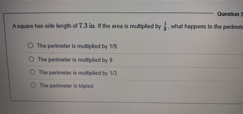 A square has side length of 7.3 in. If the area is multiplied by 1/9, what happens-example-1