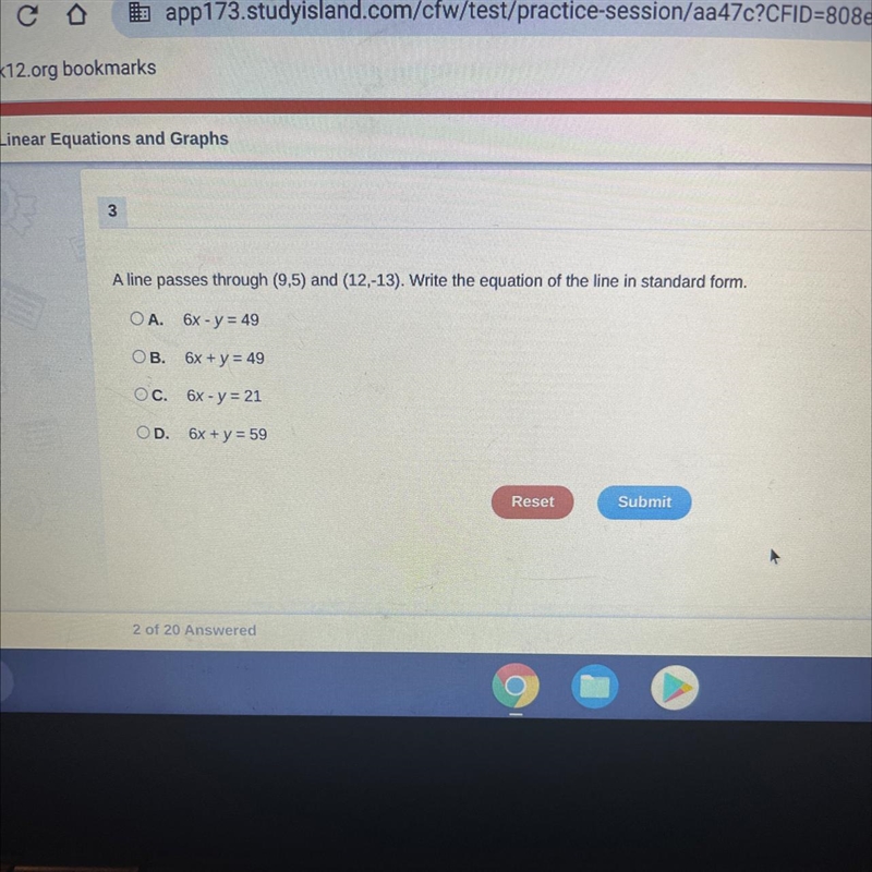 A line passes through (9,5) and (12,-13). Write the equation of the line in standard-example-1