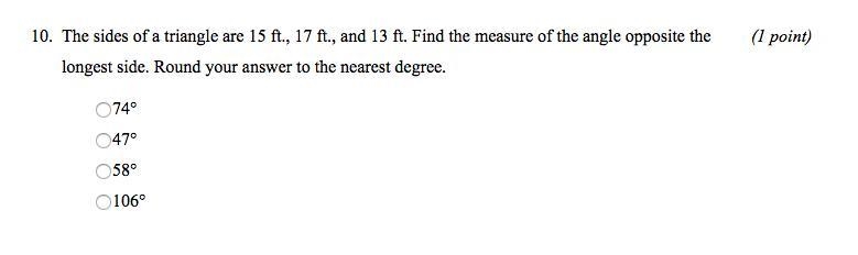 the sides of a triangle are 15 ft, 17 ft, and 13 ft. find the measure of the angle-example-1