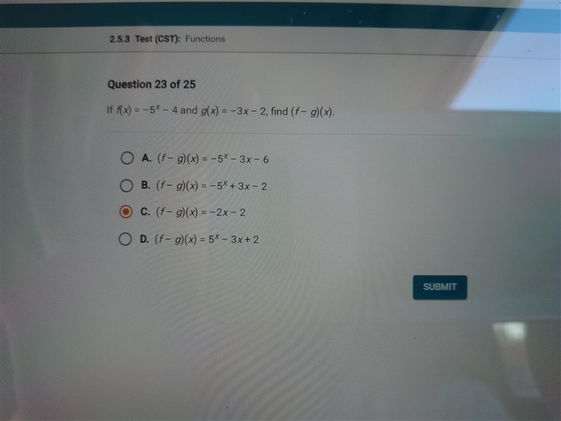 Please help ASAP 40 points!! If f(x) = -5^x - 4 and g(x) = -3x - 2, find (f-g) (x-example-1