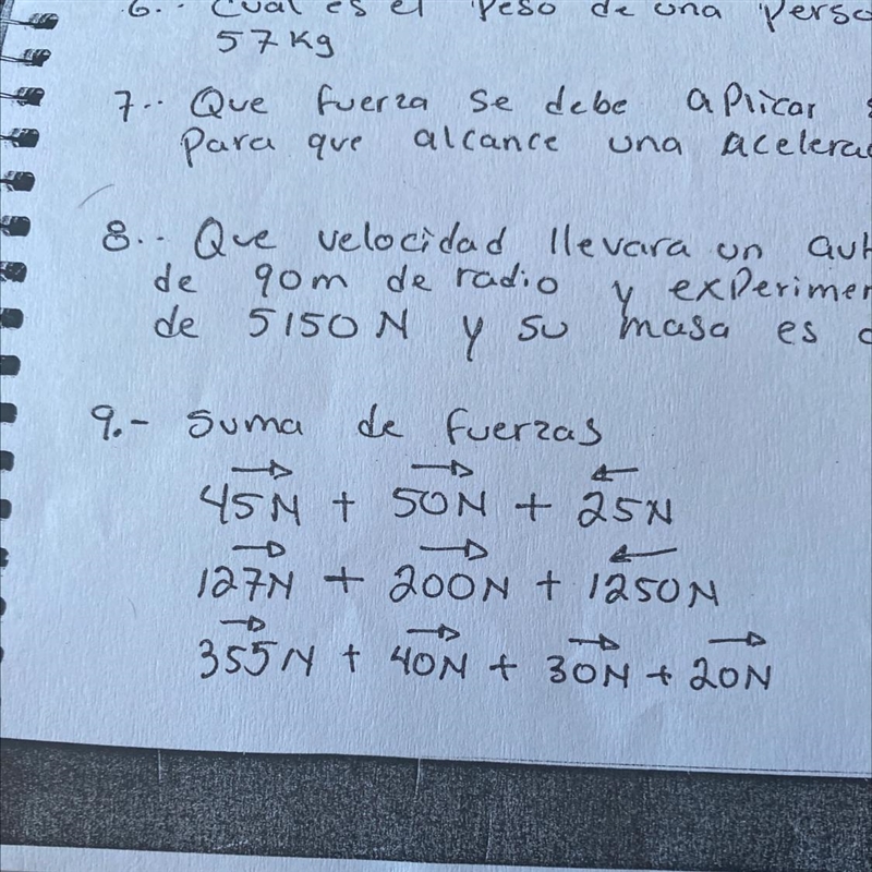 9.- Suma de fuerzas 4 45N + SON + 25N 4 4 127N 200N + 1250N 4 1 355N + 40N + 30N + 20N-example-1