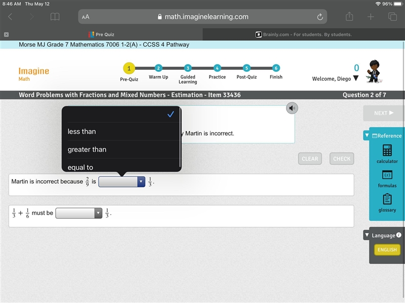 Pls help Martin says that 13+16=29 1 3 + 1 6 = 2 9 . Use the drop-down menus to explain-example-2