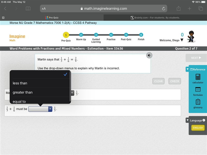 Pls help Martin says that 13+16=29 1 3 + 1 6 = 2 9 . Use the drop-down menus to explain-example-3