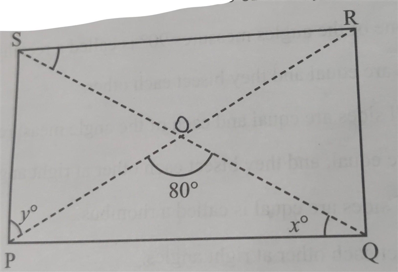 In the given figure PQRS is a rectangle. Find the measure of x and y 80° ​-example-1