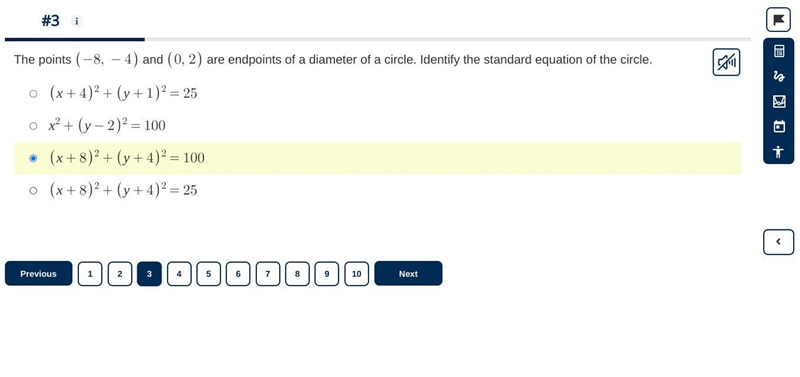 The points (-8, -4) and (0, 2) are endpoints of a diameter of a circle. Identify the-example-1