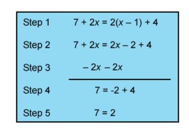 Kaya used these steps to solve the equation 7+2x=2(x−1)+4. Which choice describes-example-1