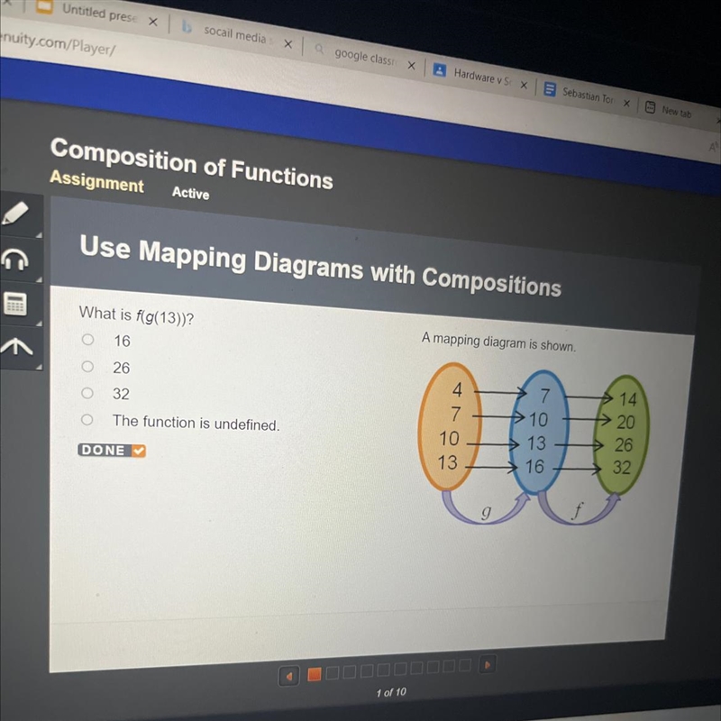 What is f(g(13))? 1. 16 2. 26 3. 32 4. The function is undefined-example-1