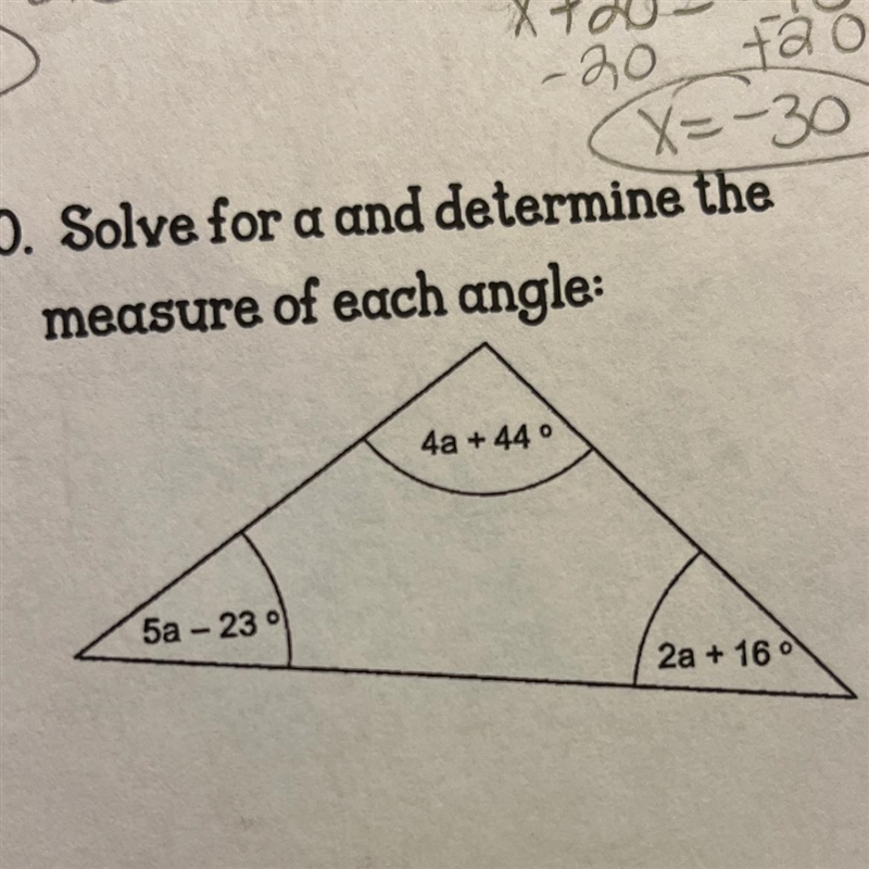 Solve for a and determine the measure of each angle:-example-1