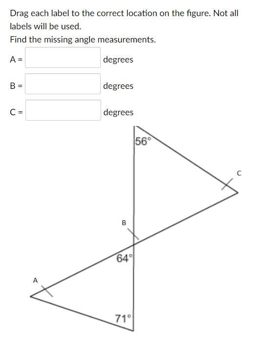 Angle A= ___? degrees Angle B= ___ ?degrees Angle C= ___? degrees-example-1