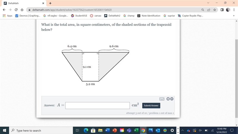 What is the total area, in square centimeters, of the shaded sections of the trapezoid-example-1