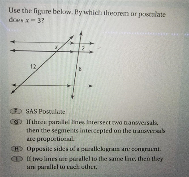 Use the figure below. By which theorem or postulate does x=3? ​-example-1