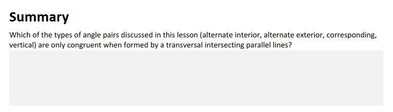 Which of the types of angle pairs discussed in this lesson (alternate interior, alternate-example-1