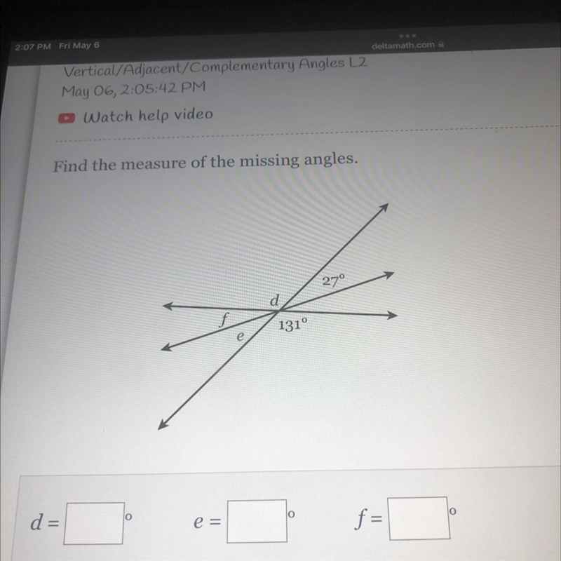 Find the measure of the missing angles. 270 d 131° HELP-example-1