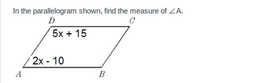 In the parallelogram shown, find the measure of ∠A.-example-1