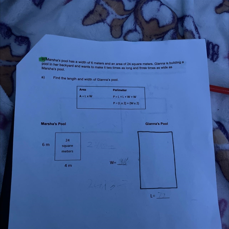 D) Marsha's pool has a width of 6 motors and an area of 24 square meters. Gianna is-example-1