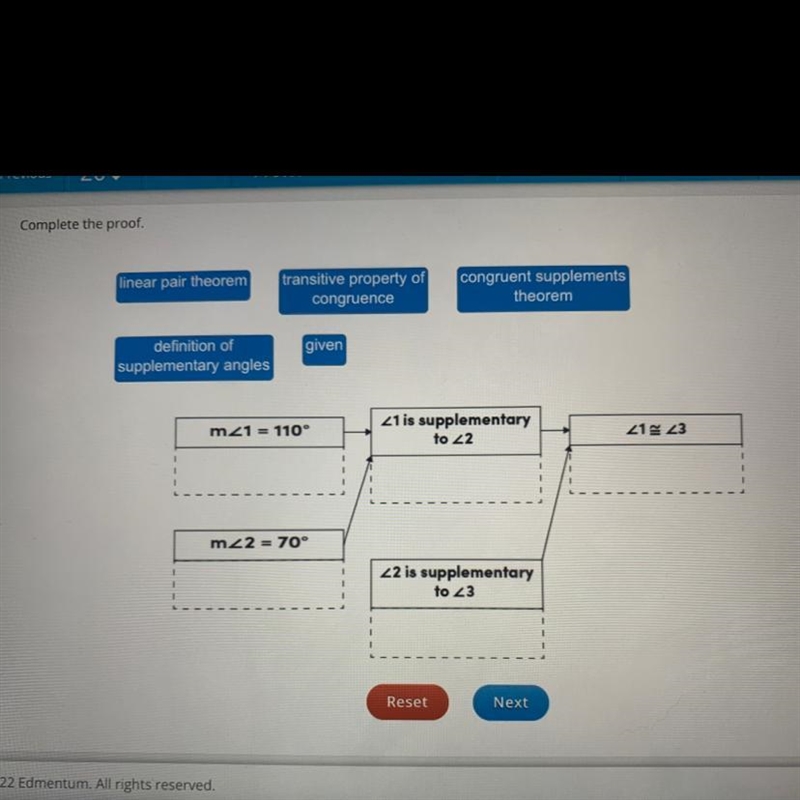 I need help plsss Given: m <1=110° m< 2=70° Prove: angle 2 is supplementary-example-1