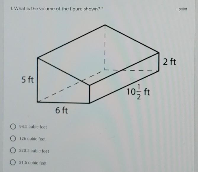 What is the volume of the figure showing below? 5ft 6ft 10 1/2ft 2ft-example-1